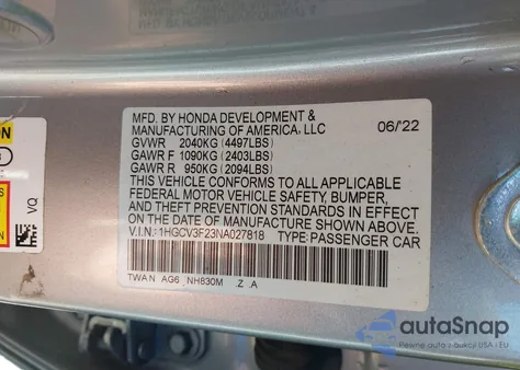 2022 Honda Accord Hybrid Sport from USA, damaged, VIN 1HGCV3F23NA027818
